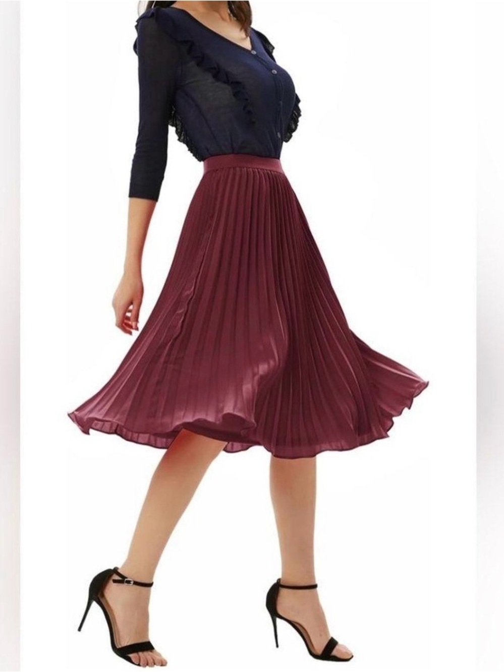 John Paul Richard Pleated Midi Skirt Women Size M Bordeaux Burgundy Faux Suede